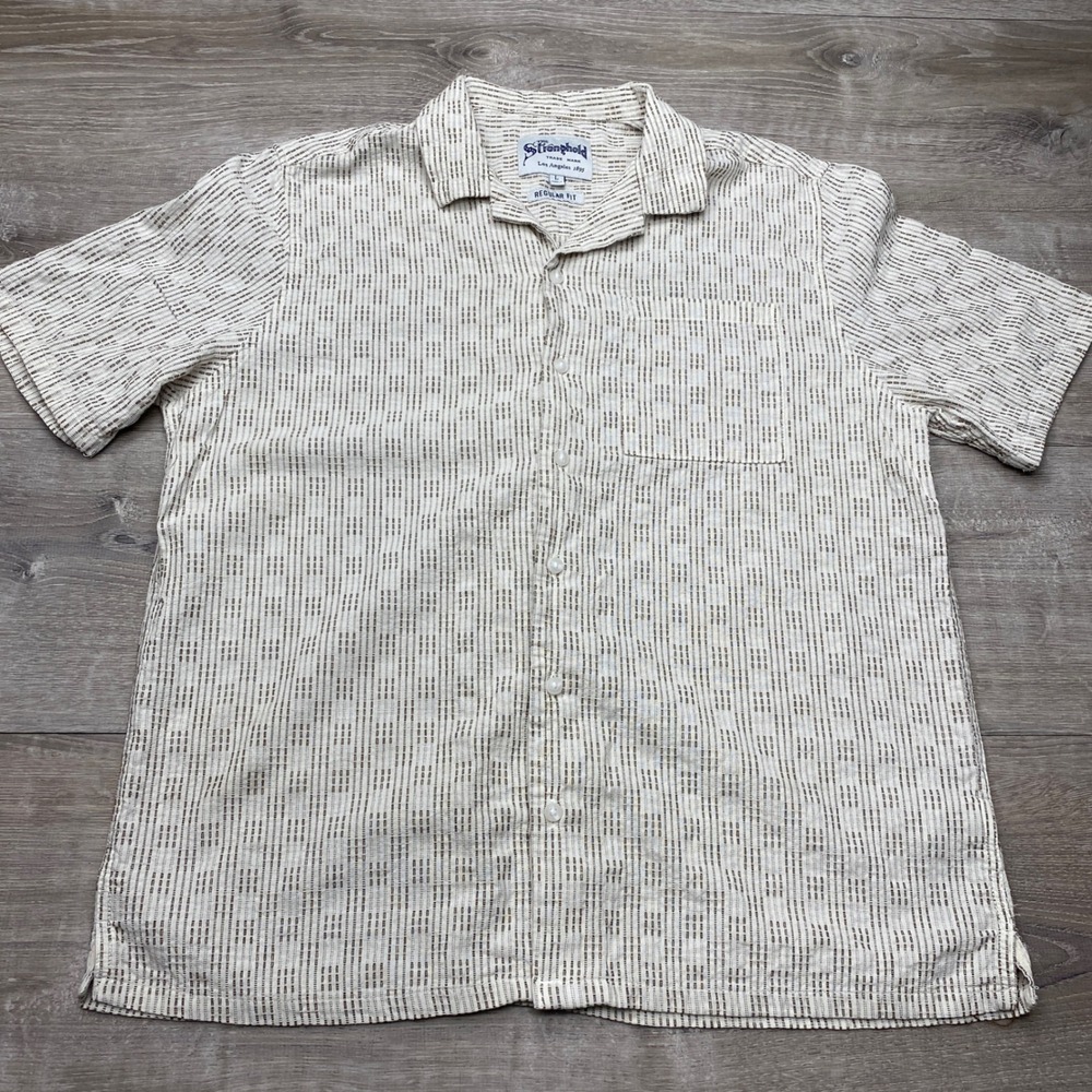 The Stronghold Shirt Mens L White Brown Striped Short Sleeve Regular Fit Cotton